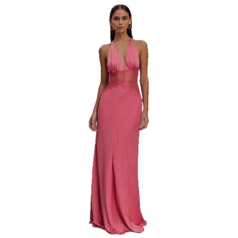 Autumn New Deep V Sexy Long Dress European and American Temperament Neck High Waist Halter Dress