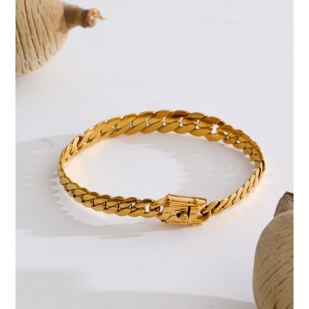 Yhpup Stainless Steel Cuban Chain Bracelet Bangle 18K Golden PVD Plated Waterproof Exclusive Style Personalized Jewelry Polished