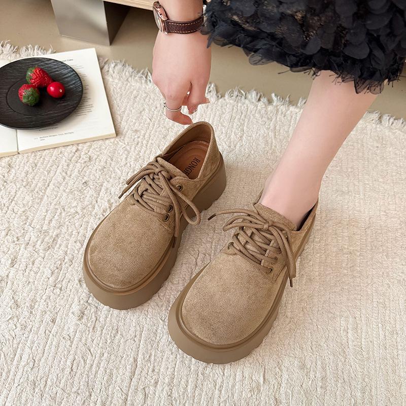 British Style Retro Lace-up Platform Loafers Women's Autumn 2025 New Small Versatile Frosted Leather Shoes