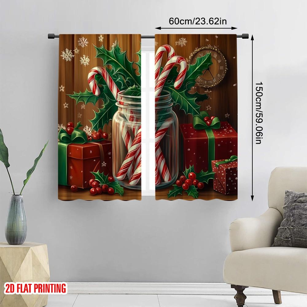 2 Stück, 2D-Flachdruck Moderne Vorhänge Weihnachtszuckerstangen Stechpalme Geschenk (2) Polyester, einfache Installation (ohne Stange) Festlich