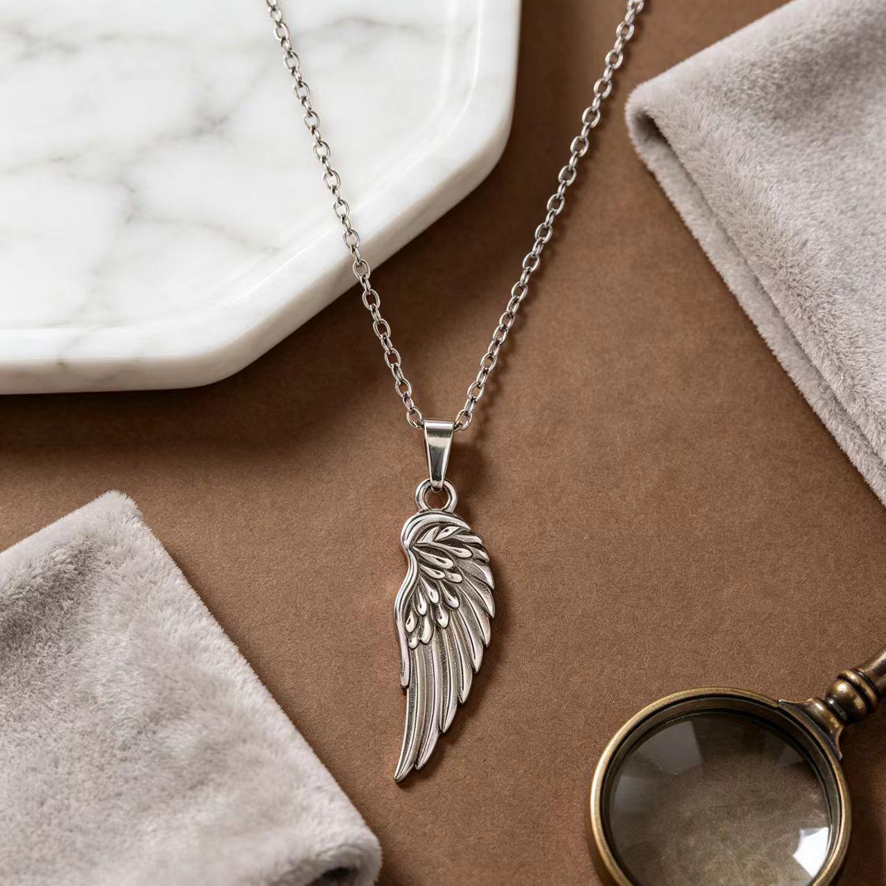 Unisex Retro Wing Pendant Necklace - Electroplated Stainless Steel Angel Wings, European  American Style 18K
