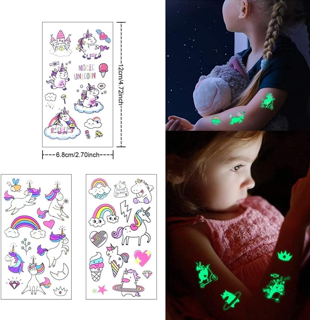 Optifit® 20 Sheets Waterproof Cartoon Fake Tattoo Sticker Glow in The Dark Unicorn Mermaid Outspace Dinosaur Tattoo, Boys Girls Party Supplies Gift