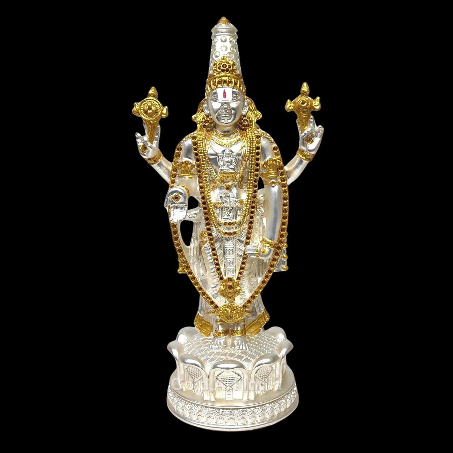 

Lord Tirupati Balaji Gold & Silver Plated Matte Idol for Car Dashboard | Vishnu Ji Idol for Office Desk | Venkateswara Swamy Murti for Home |