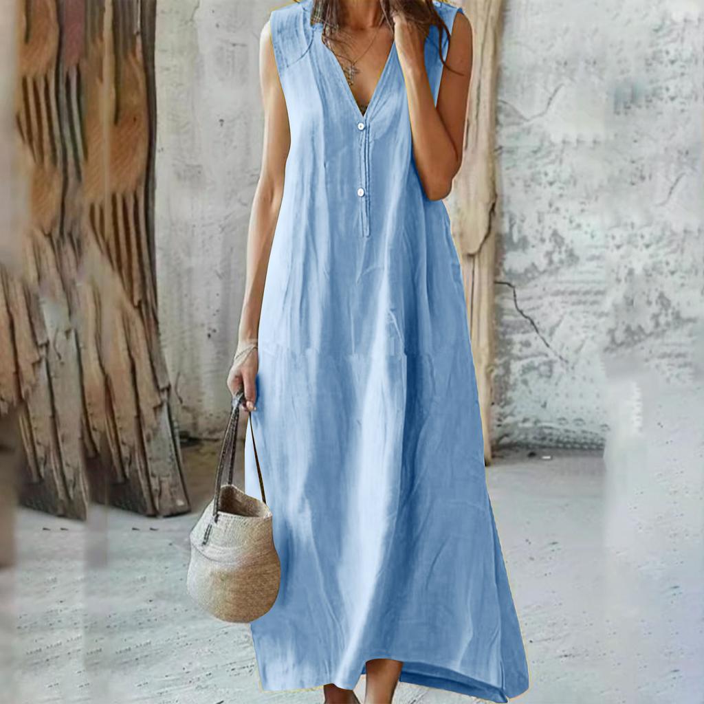 Women's Fashion V-Neck Sleeveless -Colour Casual Resort- Maxi Dress In Cotton-Linen Blend