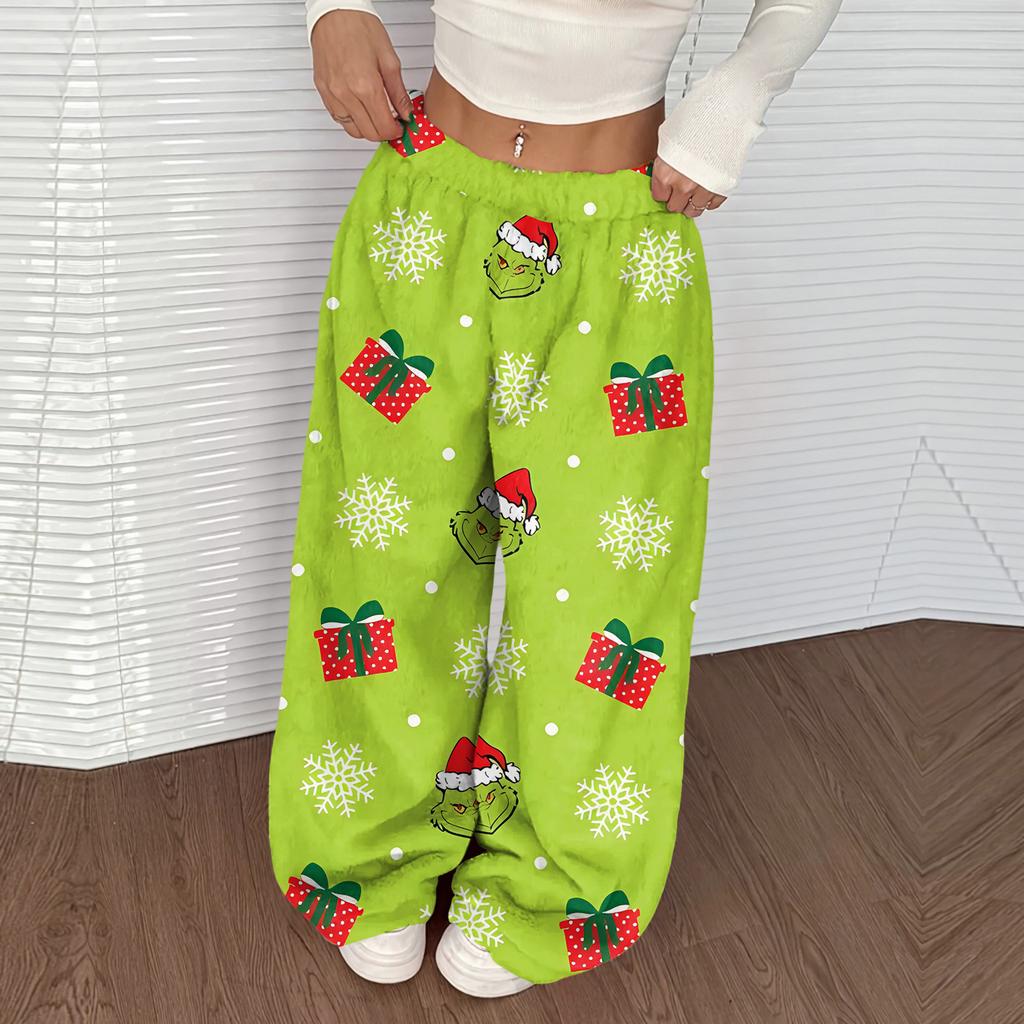 Women's Casual Christmas Print Elastic Waist Loose Fit With Plush Wide Leg Pants