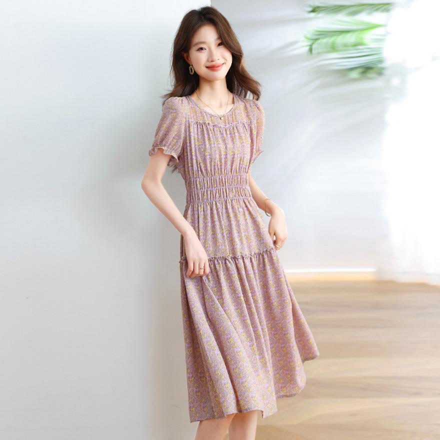 

Пляжный отпуск ветер цветочное платье женское новое летнее средней длины с круглым вырезом и короткими рукавами, с завышенной талией, тонкая юбка 2XL