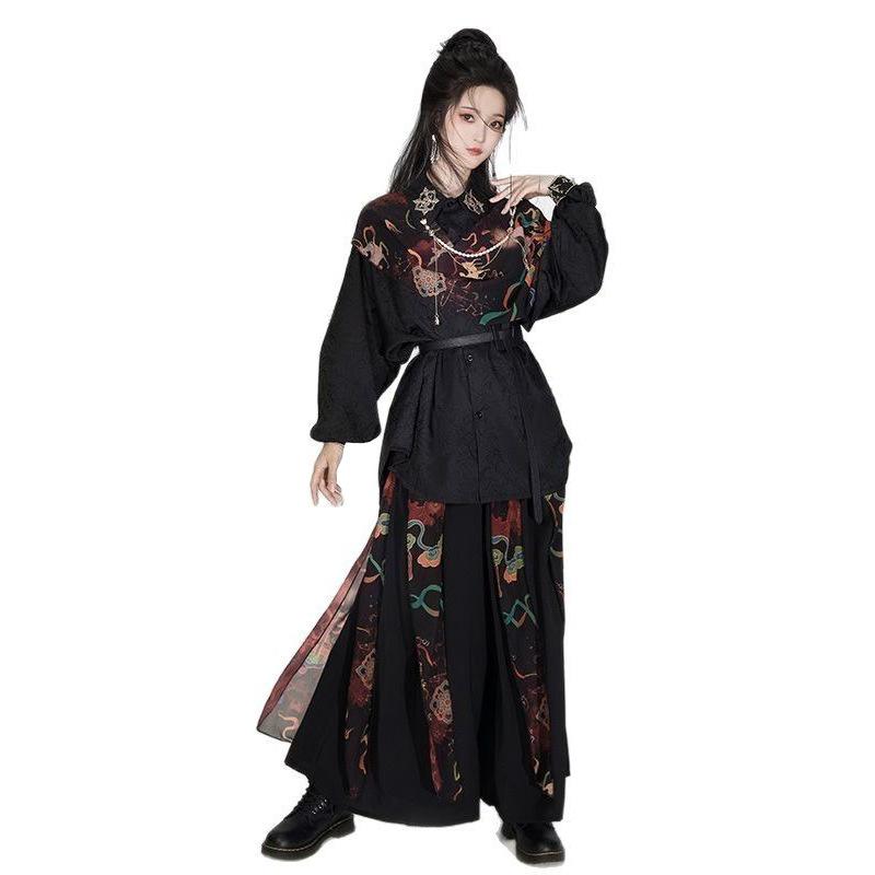 Women's & Men's Dunhuang-Inspired Hanfu Set, Embroidered Shirt & Wide-Leg Pants, New Chinese Wuxia Style