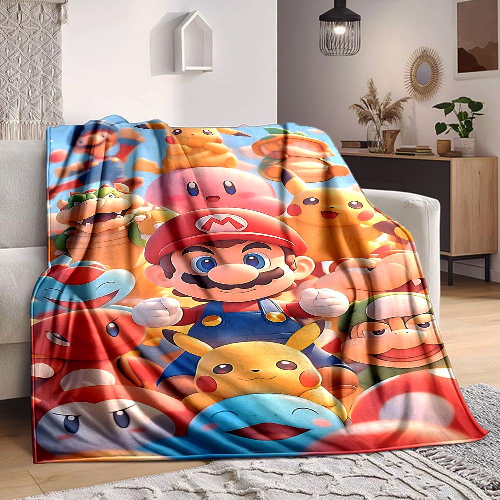1pc Mario Pikachu Cozy Print Blanket Lightweight Warm Flannel Throw Blanket For Sofa, Bed, Living Room