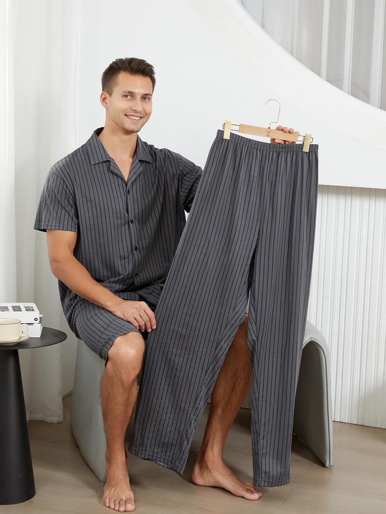 Men's Summer Cotton Pajamas 3-Piece Set: Short Sleeve Top, Long Pants, Casual Thin Shorts Home Wear