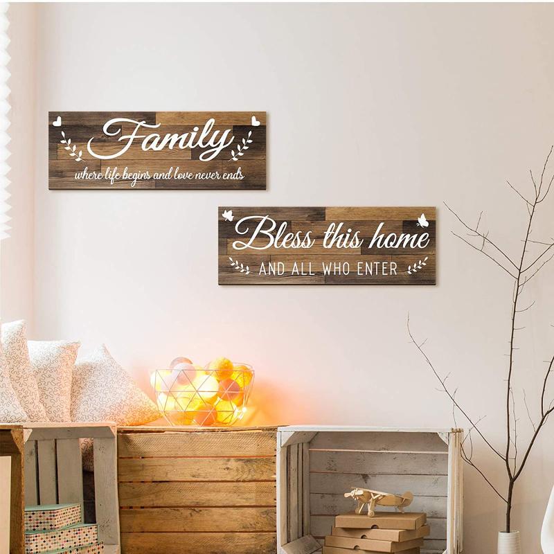 2pcs Wooden Signs Bless This Home Family Farmhouse Wall Art Decor For Bedroom Living Room Office