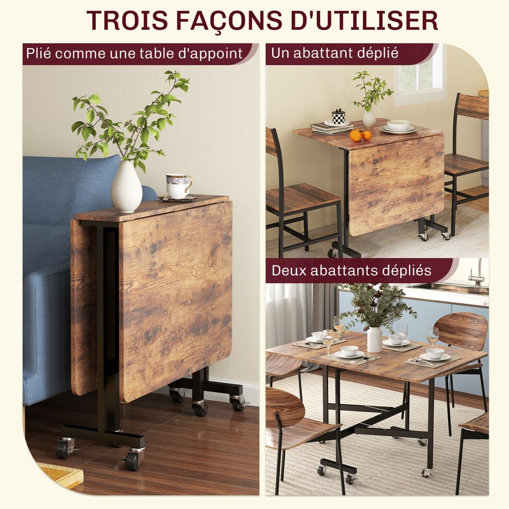 Folding Kitchen Dining Table, 2 Drop Leaves, 6 Wheels, Seats 4-6, 120 x 80 x 73 cm, Rustic Brown