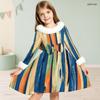 Girls High Neck Long Sleeve Printed White Blue Furry Trim Bow Waist A Line Flared Dress