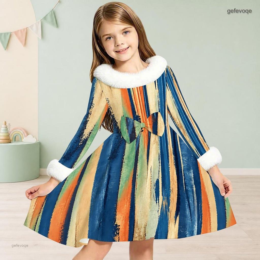 Girls High Neck Long Sleeve Printed White Blue Furry Trim Bow Waist A Line Flared Dress