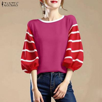 Damen Lässige Streifen-Spleiß 3/4-Ärmel Lockere Rundhalsbluse