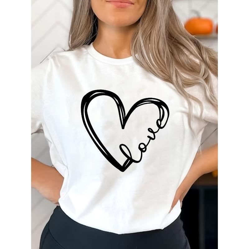 Love Heart Print T-shirt, Short Sleeve Crew Neck Casual Top for Summer & Spring, Women's Clothing