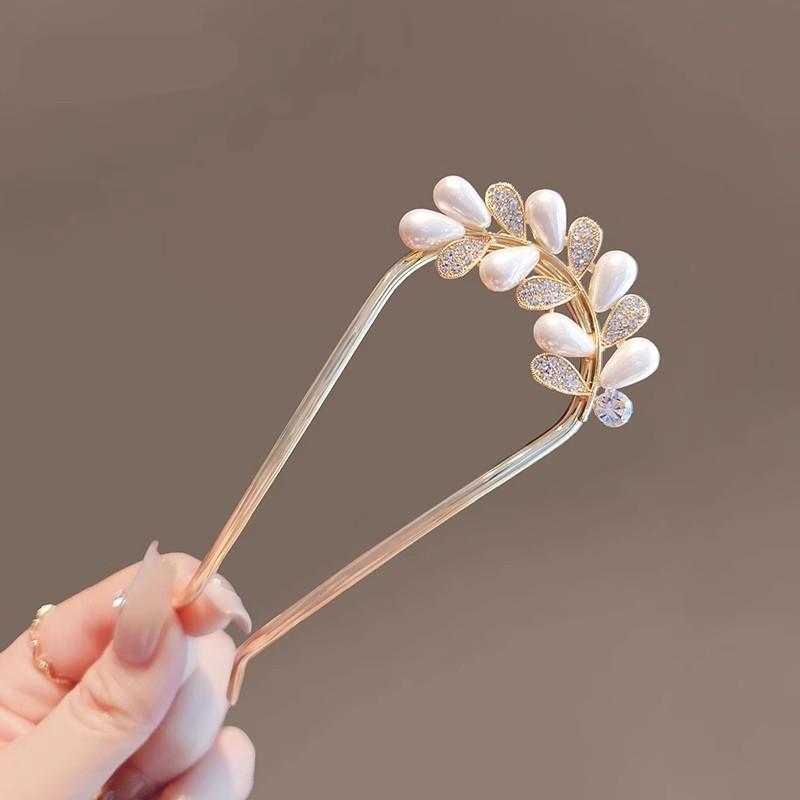 1Pcs Elegant Pearl Flower Hair Combs Pins French Retro Bun Hair Accessories Women Daily U-Shaped Hairpin Female Alloy Hair Clasp