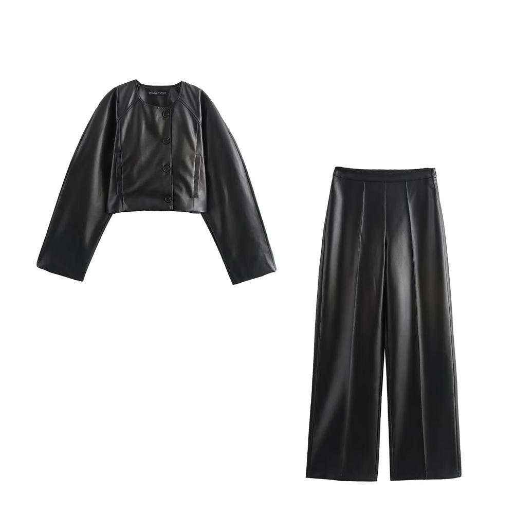 

2024 Women s Faux Leather Jacket & Pants Set - Autumn/Winter Fashion Large вершковий