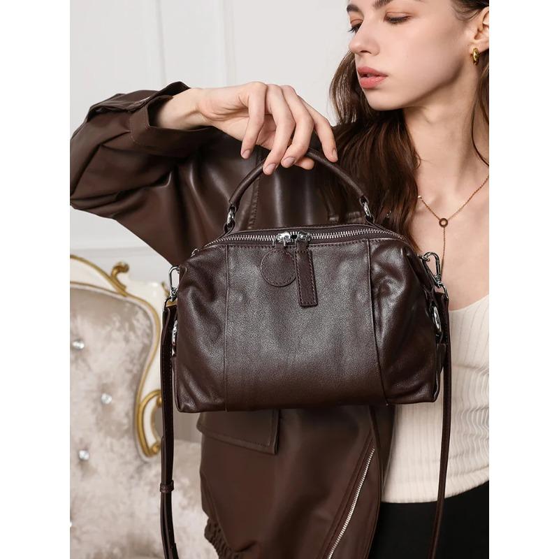 2026 Genuine Leather Cowhide Women's Bost Single-shoulder Bag Europe Style Versatile Retro Commuter Crossbody Bag Lady Handbag