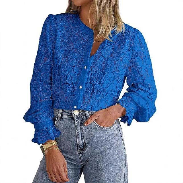 Ladies Spring Summer Hollow Lantern Sleeve All Match Blouse Lace Shirt Top