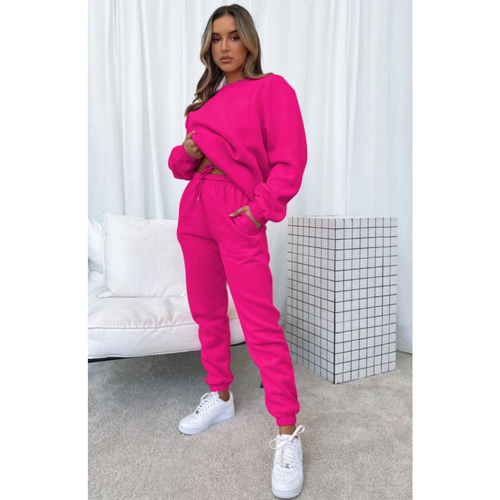 Autumn and Winter Solid Color Round Neck Pullover Long Pants Women's Fashion Casual Long Sleeved Sweatshirt Set