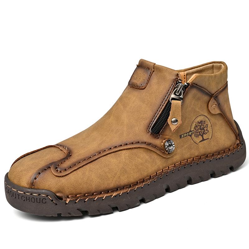 Autumn/Winter Men's Mid-Top Leather Slip-On Martin Boots - Large Size, Handmade, Stitched, Business Style.