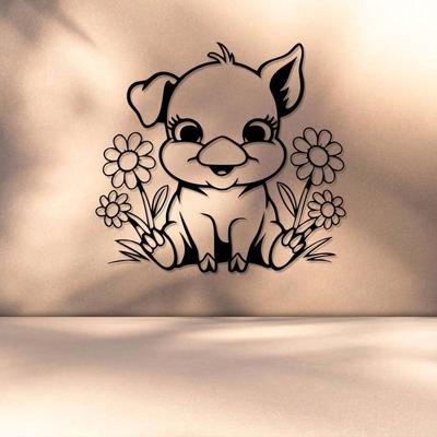 Spring Flower Pig Metal Sculpture Wall Decor for Farmhouse