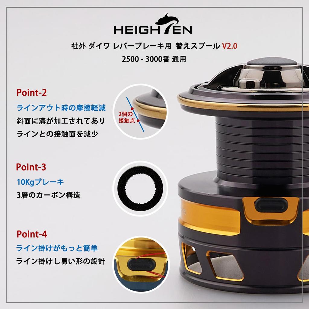 HEIGHTEN Reel Spool for DAIWA Lever Brake Spinning Reel Replacement Spool Tournament Gold V2.0 (2500/3000 size, Type) (V2.0 - & Black) (HT28401)