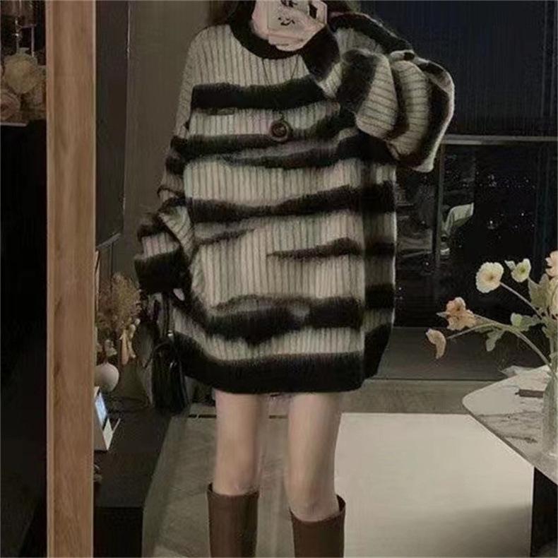 Loose Design Crewneck Pullover Knitted Sweater Color Contrast Long Sleeve All-match Sweater Women's Top