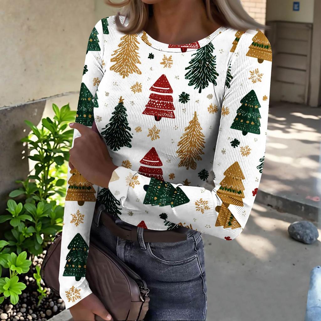 Women's  Slim Bottom T-shirt Fashion Casual Gradient Printing Round Neck Pullover Long Sleeve Top