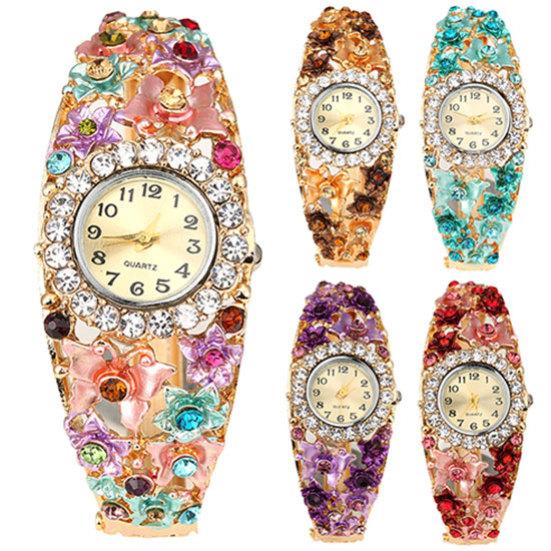 Dameblomst sommerfuglkjole Klokke Rundskive Rhinestone Armbånd Armbåndsur