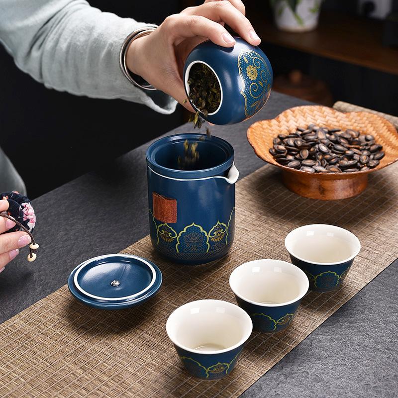 Ceramic Travel Tea Set, Portable Outdoor Express Cup, One Pot, Three Groups of Souvenirs, Tea Leaves Can Be Printed