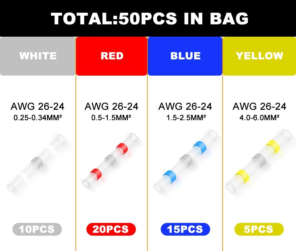50pcs/Bag Waterproof Solder Seal Butt Connector Kit with Heat Shrink Tube - Ideal for Electrical Wiring and Cable Connections