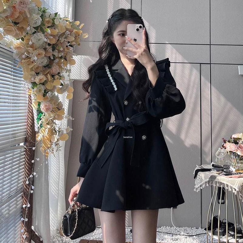 2023 Spring Black Ruffled Princess Windbreaker with Suit Collar