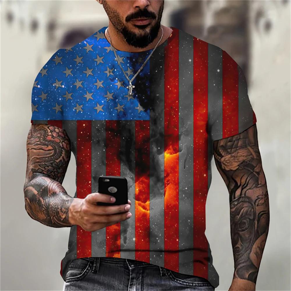 Letní pánské tričko 3D tisk Tričko s vlajkou USA Velká trička Topy Neformální Krátký rukáv Americký Streetwear Móda Muži Oblečení