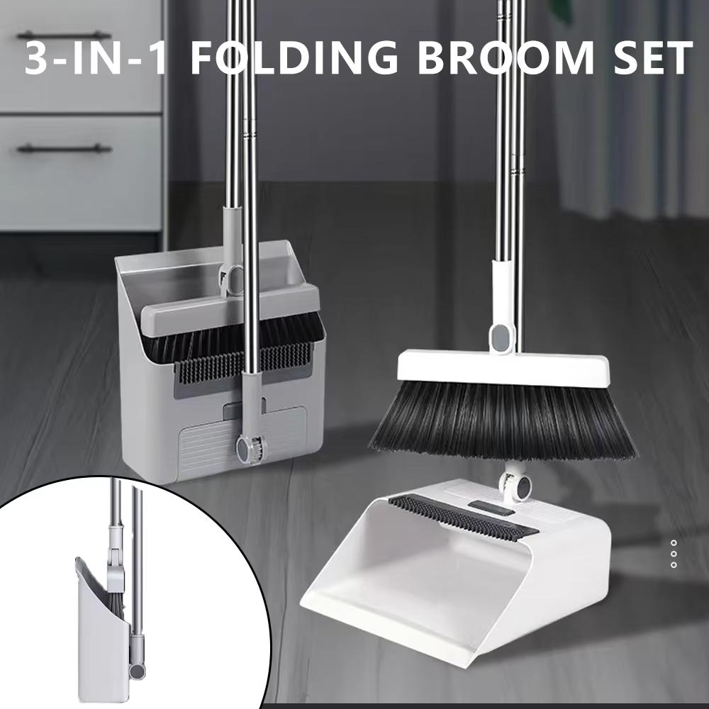 3 In 1 Broom Combo Set Broom Dustpan Squeegee Floor Brush Non-Stick Hair Broom Multifunctional Foldable Home Cleaning Tools