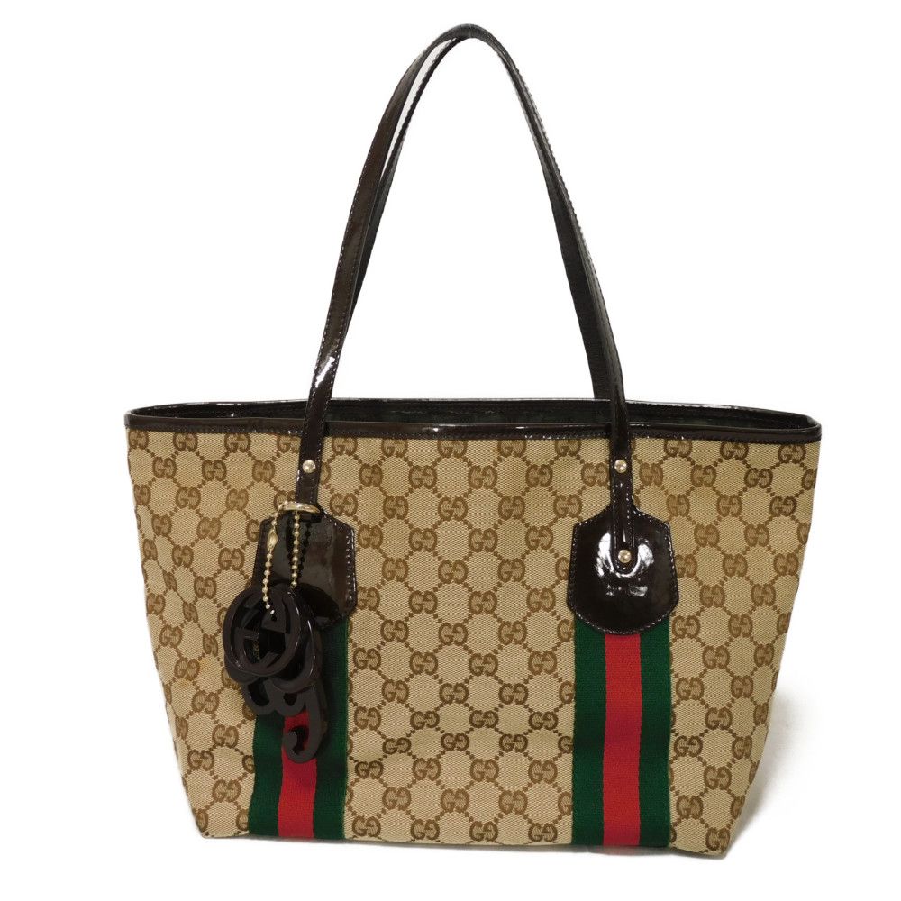 Used 9539 Web Stripe Tote 211971 7924 Patent Enamel Green Red Brown GG Canvas Beige Women's from Japan AUTHENTIC
