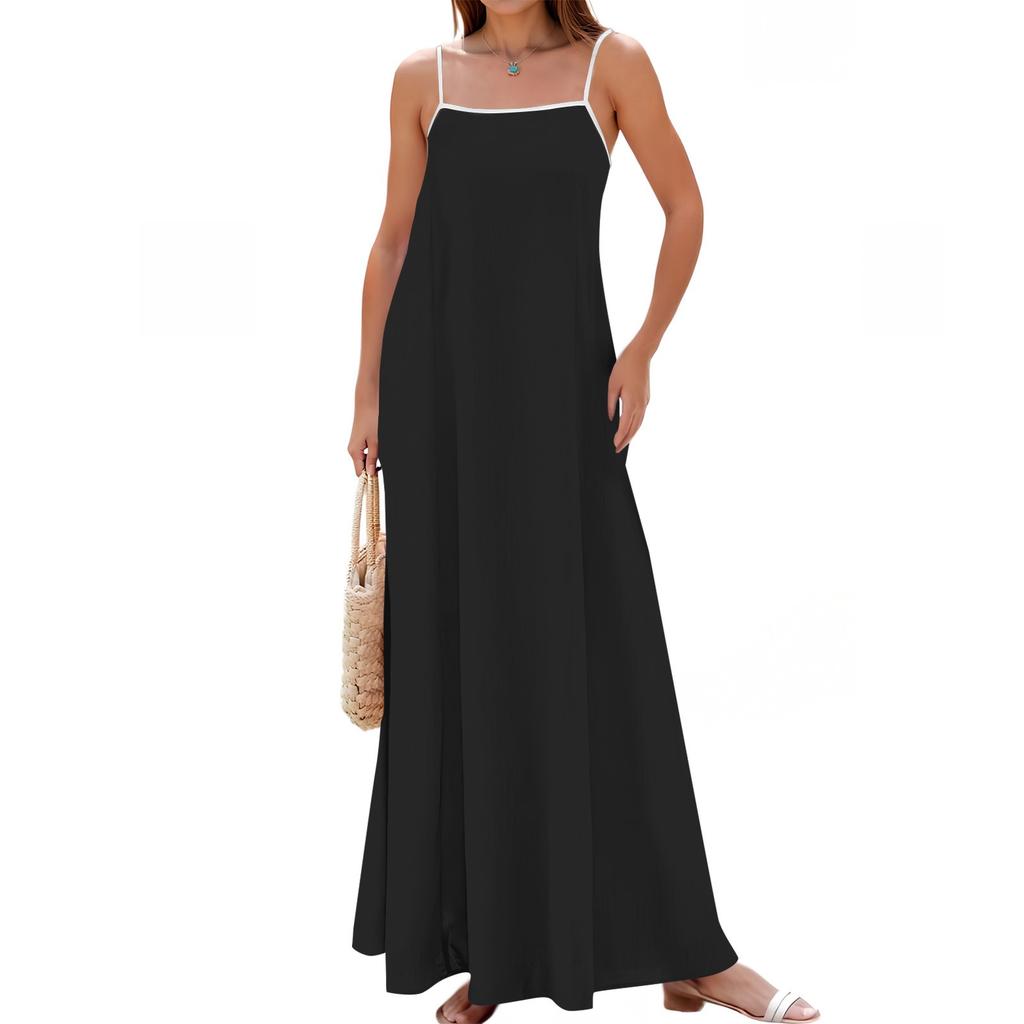 Women's Spring And Summer Casual Fashion Adjustable Suspender Solid Color Long Dress