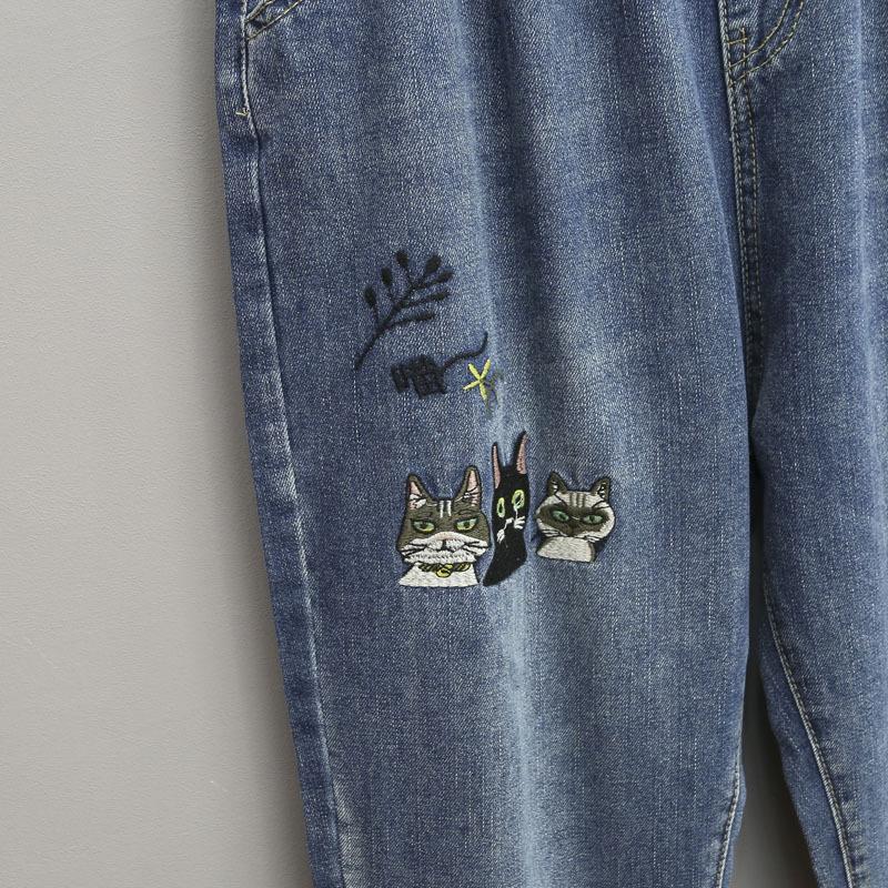 Women Fashion Korea Style Cartoon Cat Embroidery Baggy Elastic Waist High Waist Denim Cropped Pants Female Harem Jeans