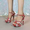 Fashion 13CM High Heeled Sandals Flower Print Ankle Strap Women's Platform Sandalias Fashion Party Dress Tacones Size 34-43 Heels Women