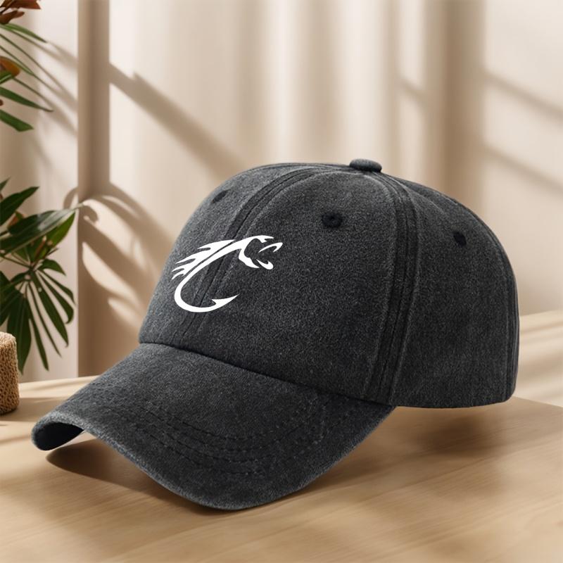 Fishhook Creative Design Pattern Printed Baseball Cap Fishing Hat Washed Retro Peaked Cap Sweat-absorbent and Breathable Hat
