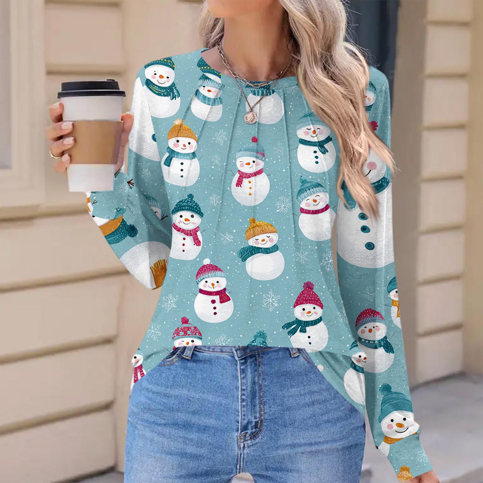 

Women s Fashionable Casual Christmas Printed Pleated Comfortable Round Neck Loose Long Sleeve T-Shirt Top S