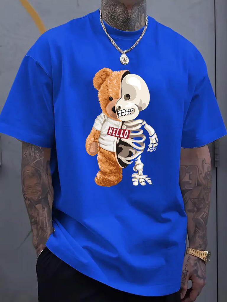 Męska Luksusowa Bawełniana Koszulka z Krótkim Rękawem z Graficznym Nadrukiem Niedźwiedzia Szkieletu Letnia Unisex Męska i Damska Streetwear Trend