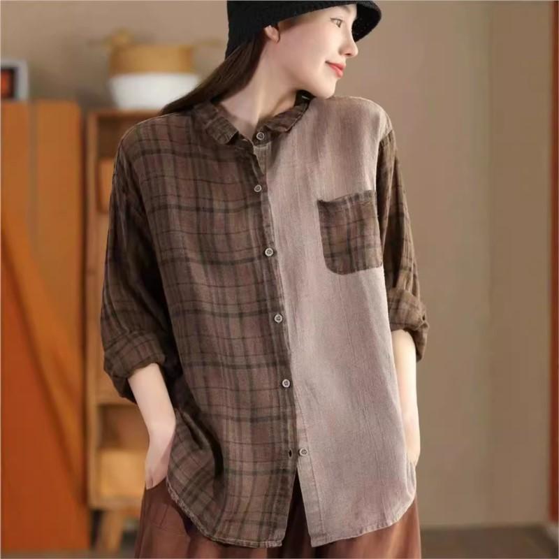 Johnature Woman Autumn Vintage Check Urn Down Collar Shirt Matching Single Breasted Long Sleeves Shirt