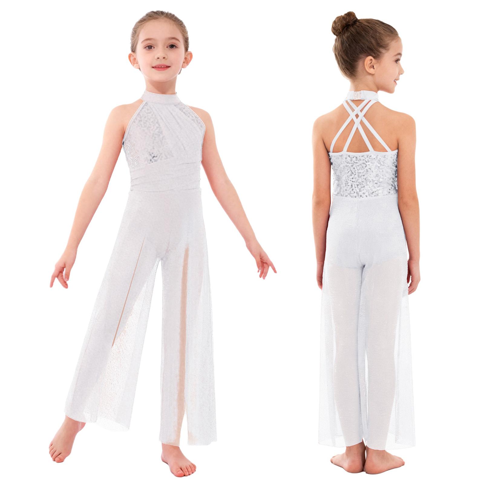 

Дитячий жіночий комбінезон для ліричного танцю Без рукавів З високим коміром Перехресні лямки на спині Блискучий ліф з паєтками мерехтлива сітка Розріз Широкі штани Комбінезон 5-6 Years білий