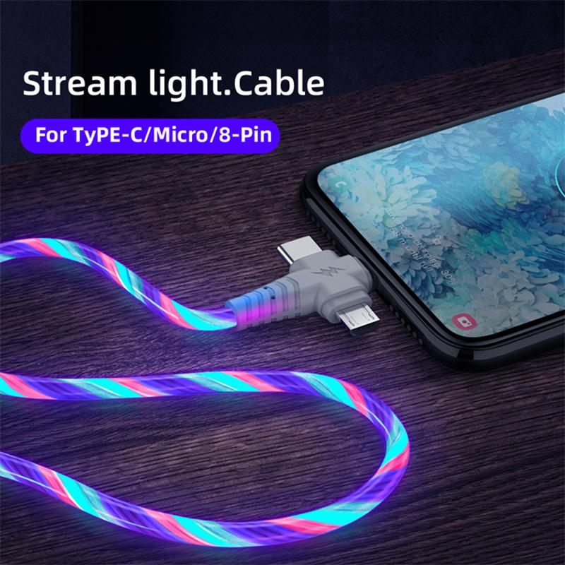3 in 1 LED Leuchten Fließendes Ladekabel Leuchtende Beleuchtung Schnellladung Micro USB Typ C 1 Meter Länge Für Foto Drahtkabel