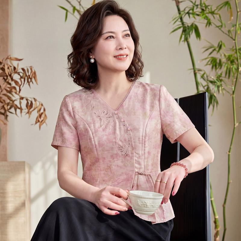 Datang Madam Women s Elegant Embroidered V-neck Summer T-shirt 2XL