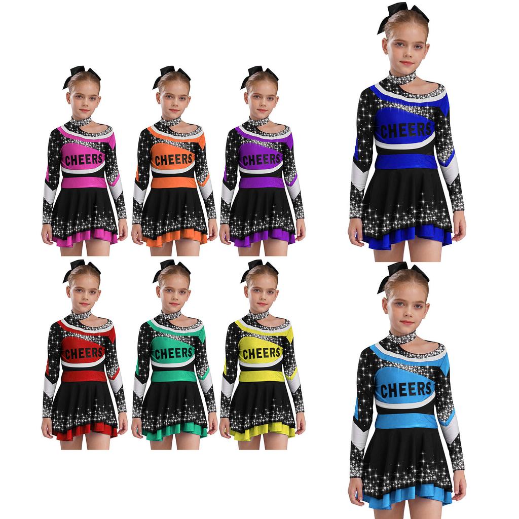 Kids Girls Cheer Performance Outfit: Sparkling Rhinestone Letter Top & Color Block Skirt, Complete Long Sleeve Stage Costume