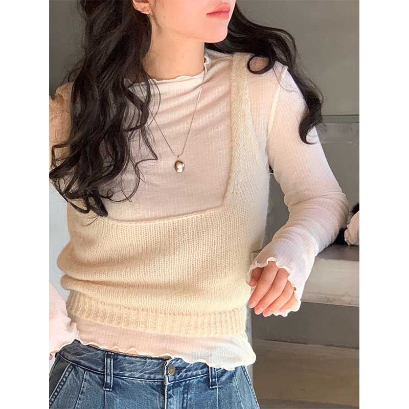 

Костюм вязаного жилета Dongdaemun Oni с кружевным воротником Milk apricot vest All yards