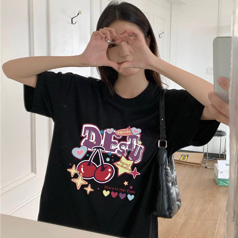 GMXIA Sommer Vintage Damen T-Shirt mit Aufdruck Reine Baumwolle Kurzarm T-Shirt Damen Ins Mode Locker Lässig mit Damenoberteil