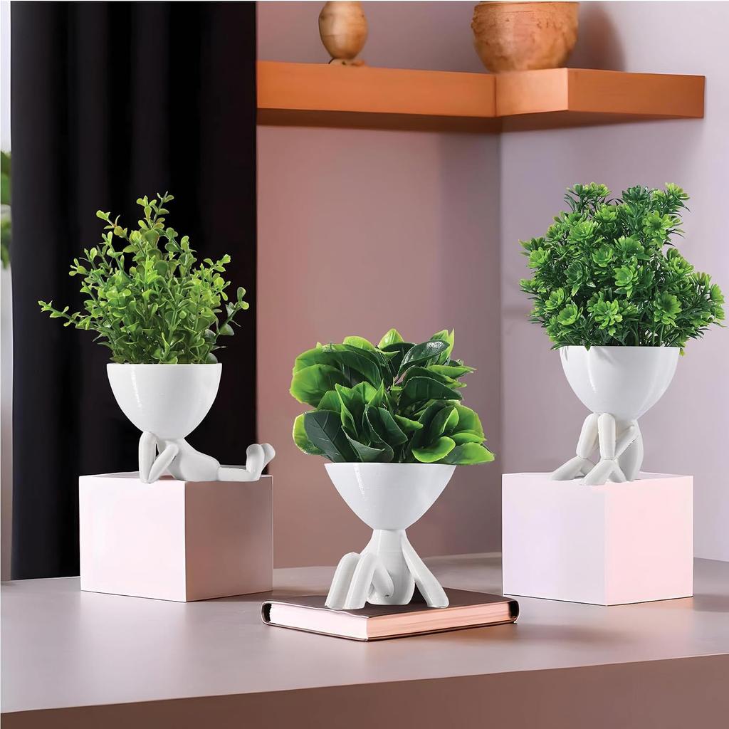 Plastic Mini Artificial Plants With Pot, Table Decorative Items, White & Green